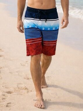ZeroXposur Men’s Swim Trunks Red White Blue Stars Size L NWT